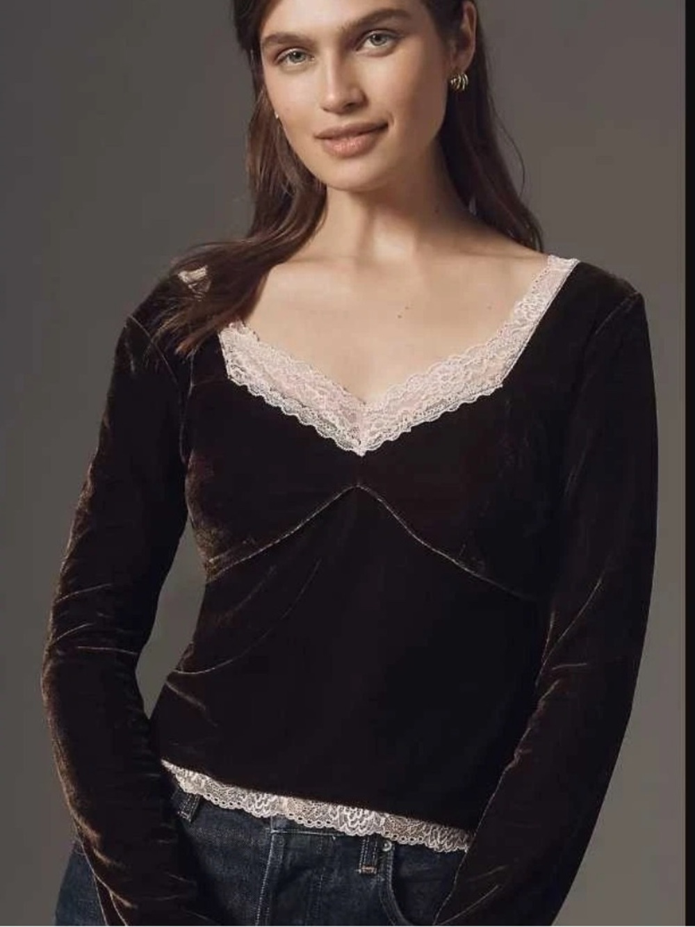 By Anthropologie Velvet Lace V-Neck Top Size XL